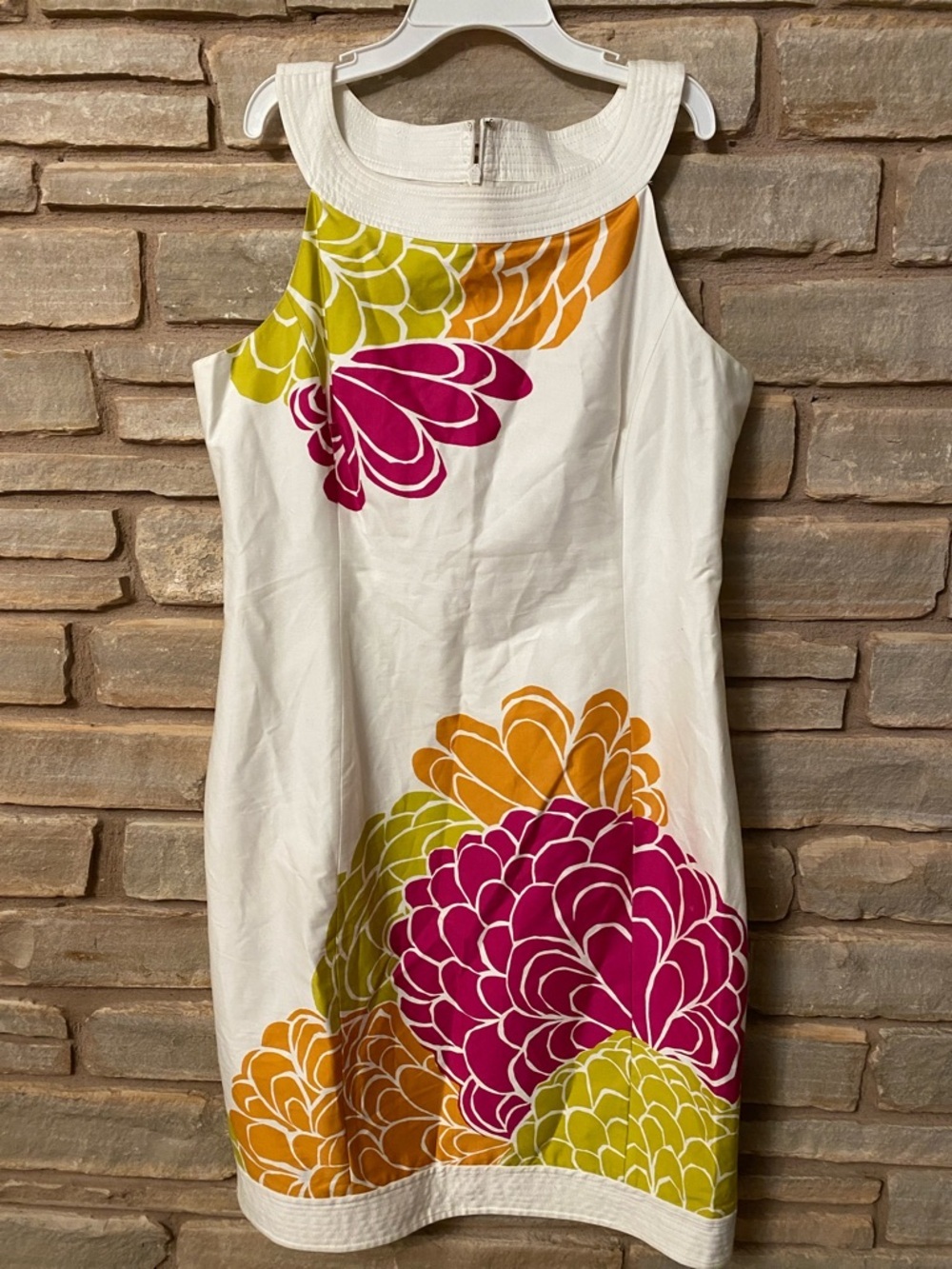 Jones New York White Floral Shift Dress with Orange & Lime Accents Size 14